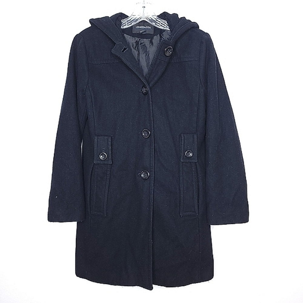 London Fog trench coat women's s wool blend black hooded soft warm & lined